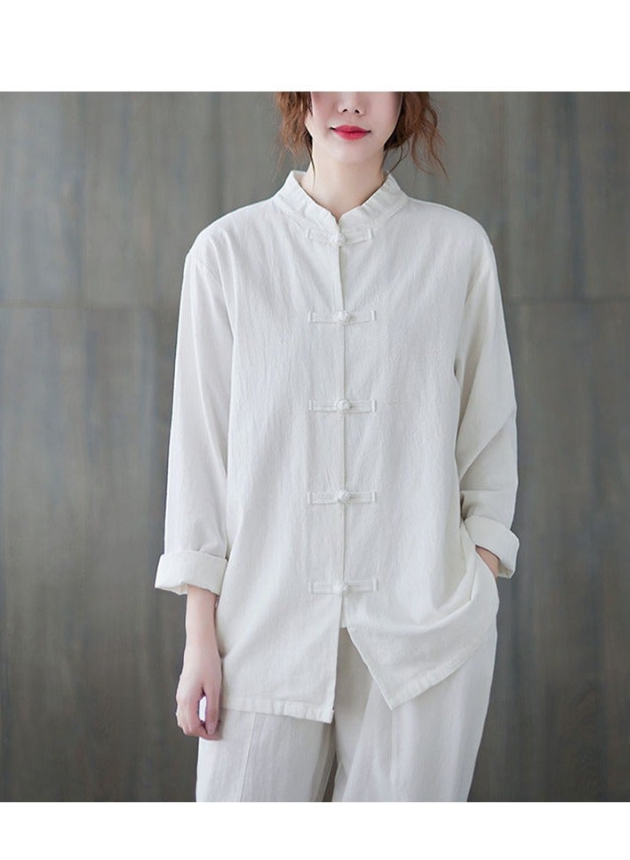 طقم بدلة تانغ من القطن والكتان على الطراز الصيني 9060، الجزء العلوي باللون الأبيض وأكمام طويلة