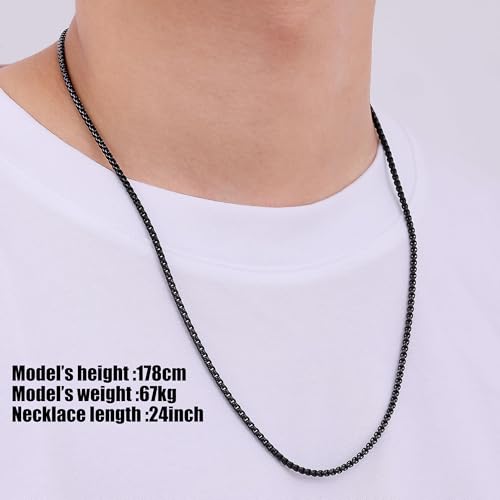 Fiusem Black Chain for Men, 3mm Stainless Steel Necklace for Men and Women, Box Chain 24 Inches - Image 2