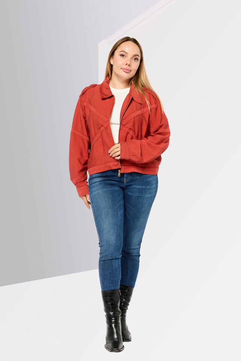 DKNY جاكيت قميص بسحاب كامل للنساء، أحمر صدئ - Image 2