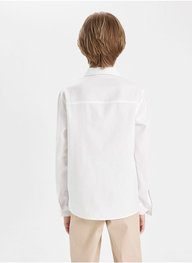 DeFacto - Polo Collar Oxford Long Sleeve Basic White School Shirt - Image 1