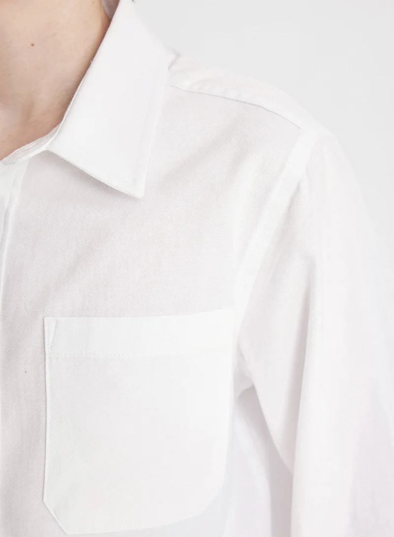 DeFacto Polo Collar Oxford Long Sleeve Basic White School Shirt