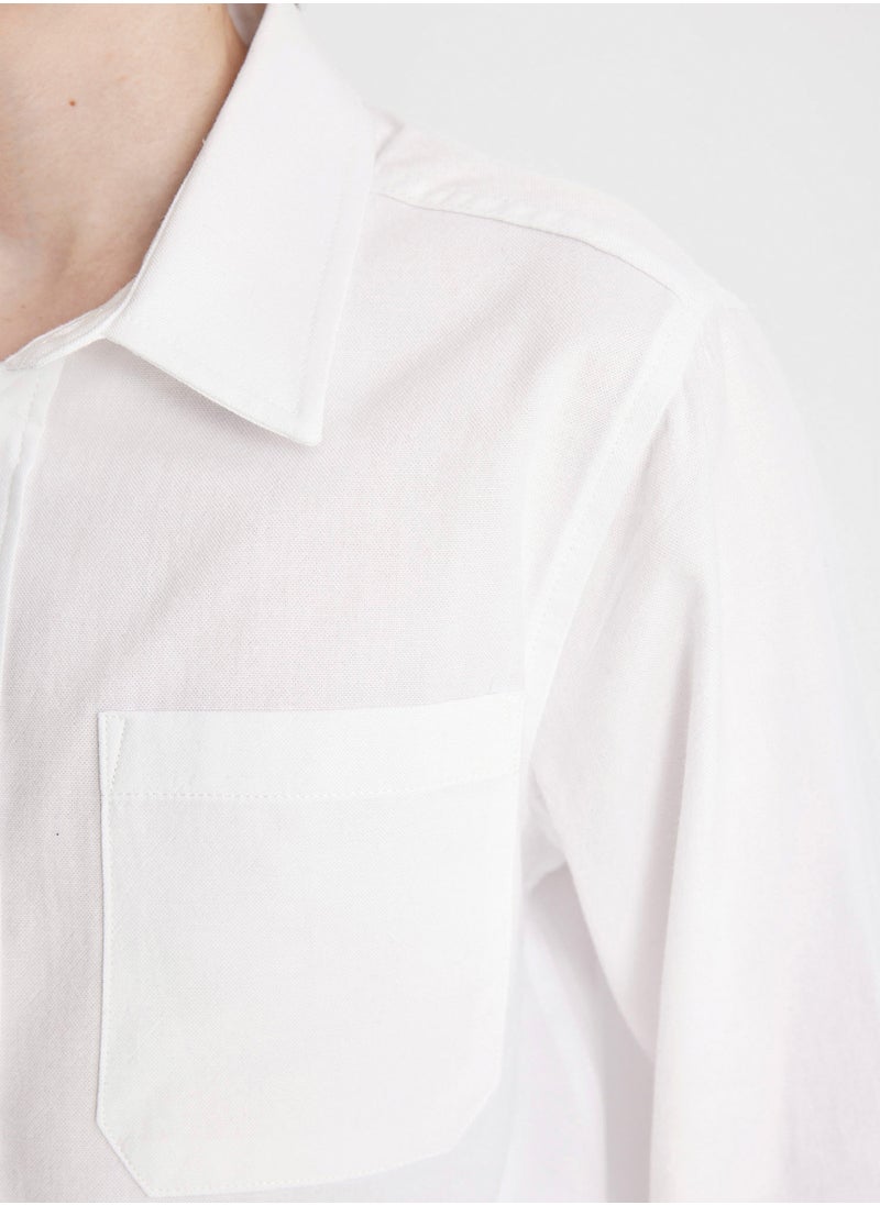DeFacto - Polo Collar Oxford Long Sleeve Basic White School Shirt - Image 1