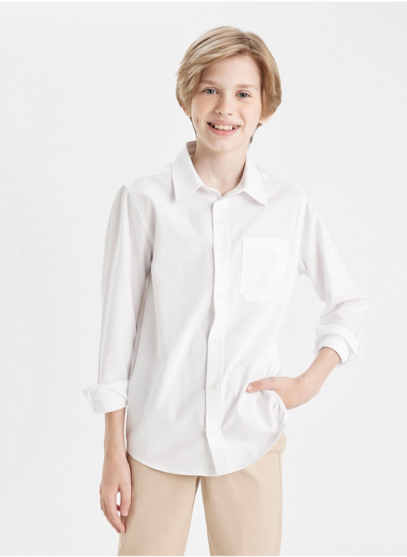 DeFacto - Polo Collar Oxford Long Sleeve Basic White School Shirt - Image 1