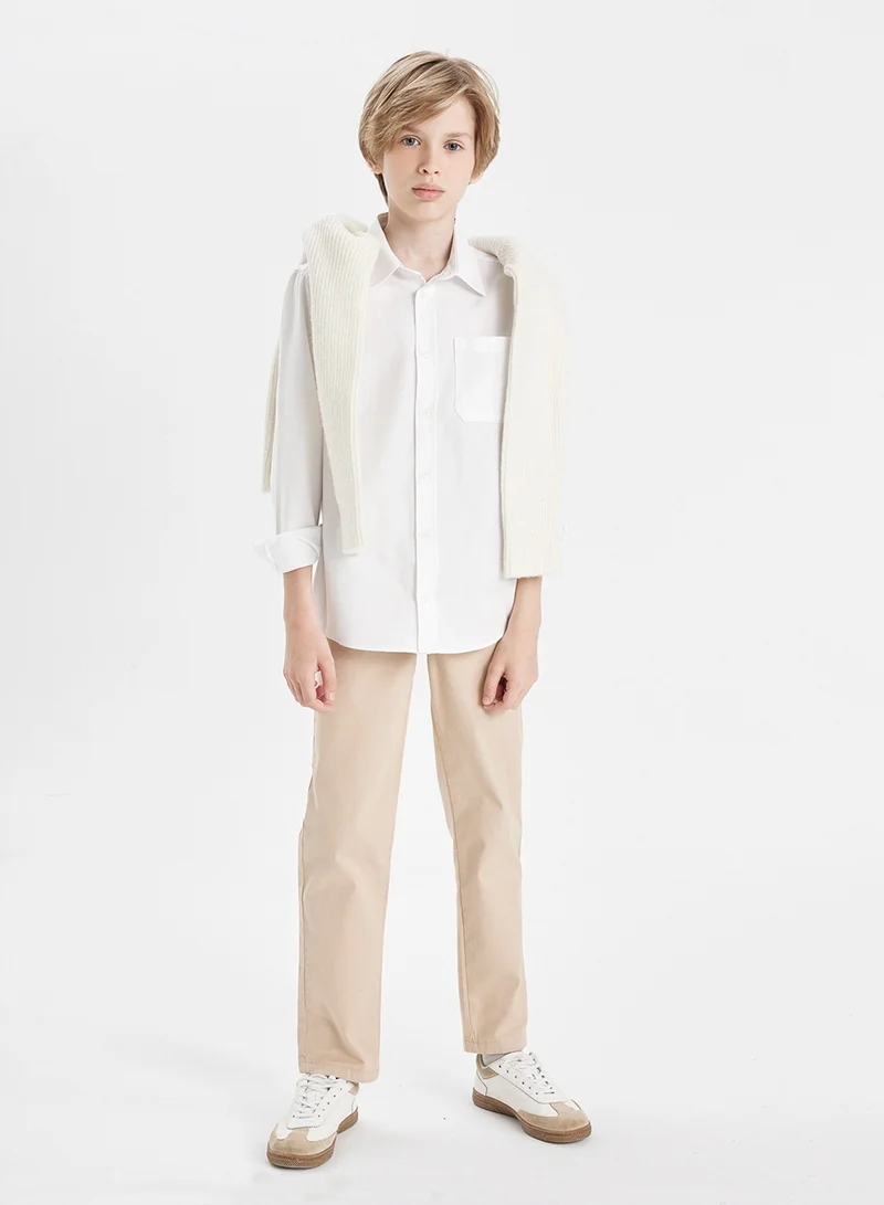 DeFacto Polo Collar Oxford Long Sleeve Basic White School Shirt