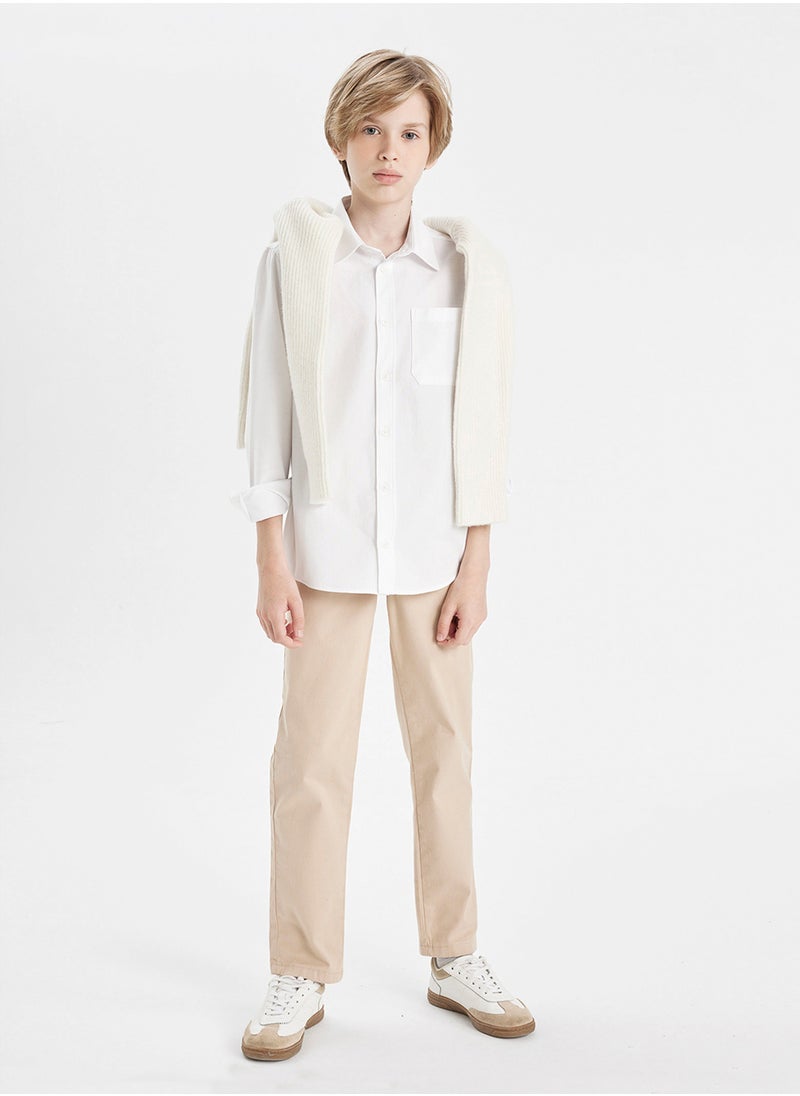 DeFacto - Polo Collar Oxford Long Sleeve Basic White School Shirt - Image 1