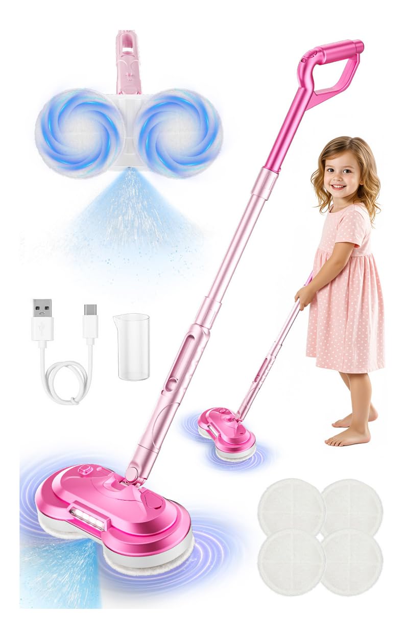 BLAXTEM Kids Electric Spray Spin Mop Toy Rechargeable Cordless Electric Mop W Water Sprayer LED Headlight for Children Ages 3 4 5 6 Girls Boys Cleaning Toy for Pretend Play Pink - Image 3