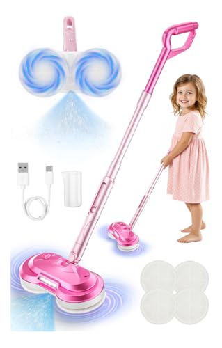 BLAXTEM Kids Electric Spray Spin Mop Toy Rechargeable Cordless Electric Mop W Water Sprayer LED Headlight for Children Ages 3 4 5 6 Girls Boys Cleaning Toy for Pretend Play Pink - Image 1