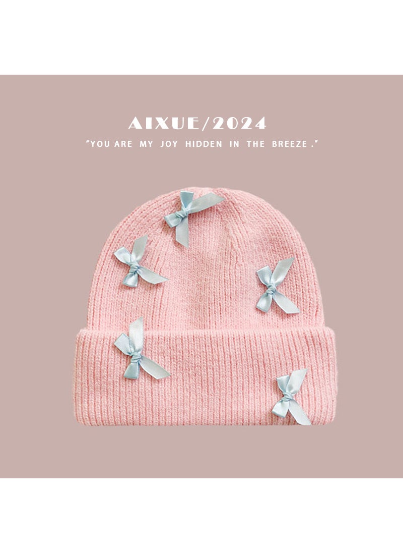 Generic - South Korea purchasing fashion niche designer cute bow ribbon Angola autumn and winter wool knitted hat Pink - Image 1