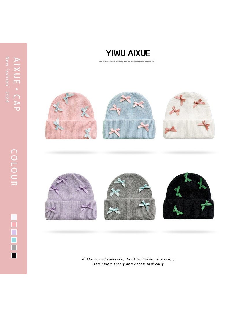 Generic - South Korea purchasing fashion niche designer cute bow ribbon Angola autumn and winter wool knitted hat Pink - Image 1