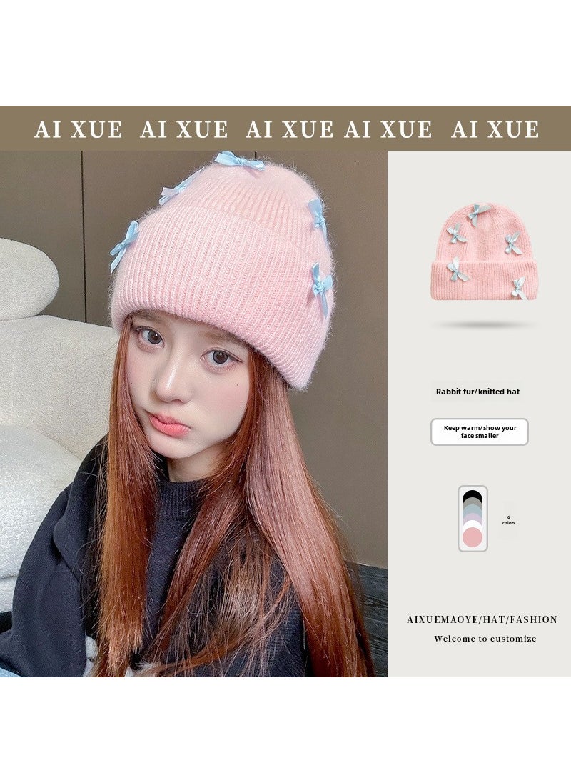 Generic - South Korea purchasing fashion niche designer cute bow ribbon Angola autumn and winter wool knitted hat Pink - Image 1