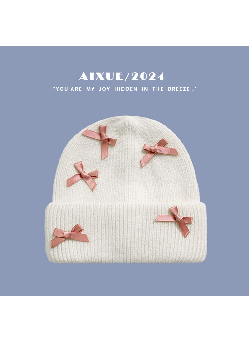 Generic - South Korea purchasing fashion niche designer cute bow ribbon Angola autumn and winter wool knitted hat Pink - Image 1