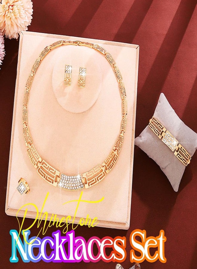 Aukmla Gold Jewelry Set Rhinestone Necklace Earrings Bracelet Ring Sets Prom Costume Jewelry for Women (Gold) - Image 2