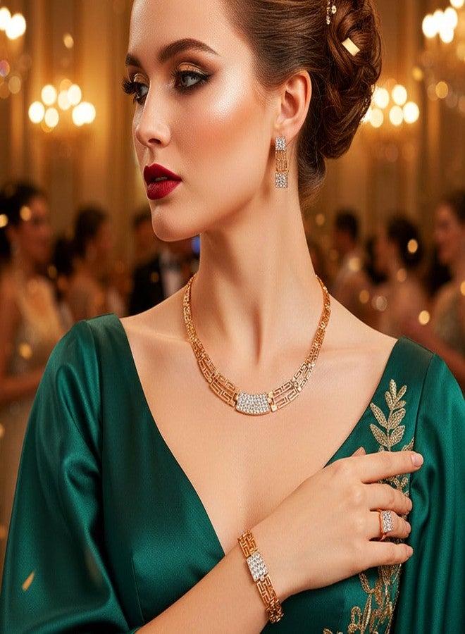 Aukmla Gold Jewelry Set Rhinestone Necklace Earrings Bracelet Ring Sets Prom Costume Jewelry for Women (Gold) - Image 3