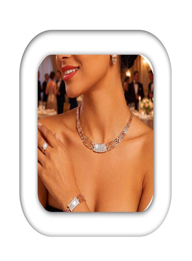 Aukmla Gold Jewelry Set Rhinestone Necklace Earrings Bracelet Ring Sets Prom Costume Jewelry for Women (Gold) - Image 1