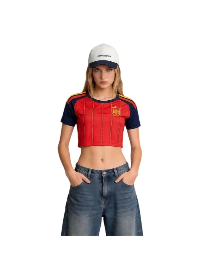 Spain 2026-2027 Spain Home Cropped Soccer Jersey, Short Sleeve Slim Fit Football Crop Top - Image 1