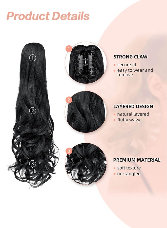 Wavy Ponytail Extension Claw Clip for Black Women 20" Synthetic Curly Clips in Pony Tails Hair Extensions Wigs Fluffy Heat Resistant Hairpieces for Wedding Party Daily Use - Image 2