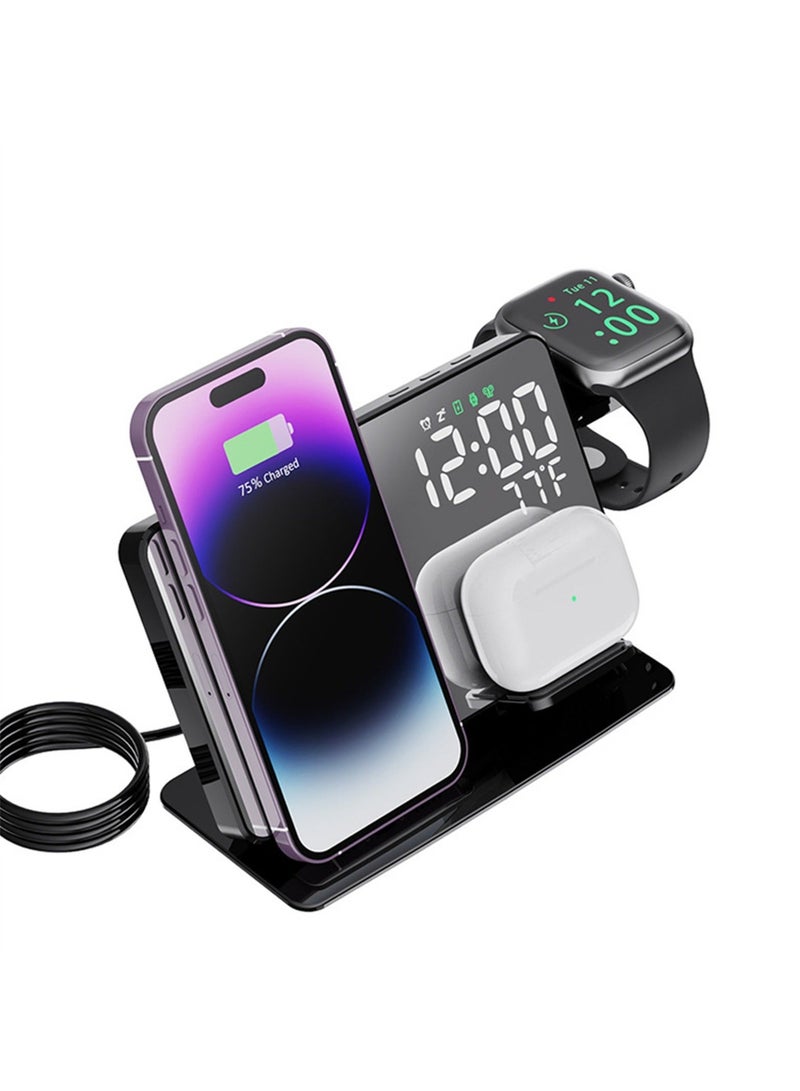 Captaintech 4-in-1 Wireless Charging Station with Digital Alarm Clock and Temperature Gauge - Compatible with iPhone 15/14/13/12, AirPods, Watch Ultra 9/8/7/6/5, and Galaxy S23-S7 - Image 1