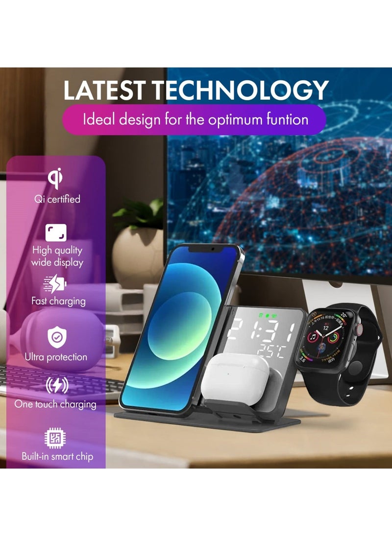 Captaintech 4-in-1 Wireless Charging Station with Digital Alarm Clock and Temperature Gauge - Compatible with iPhone 15/14/13/12, AirPods, Watch Ultra 9/8/7/6/5, and Galaxy S23-S7 - Image 3