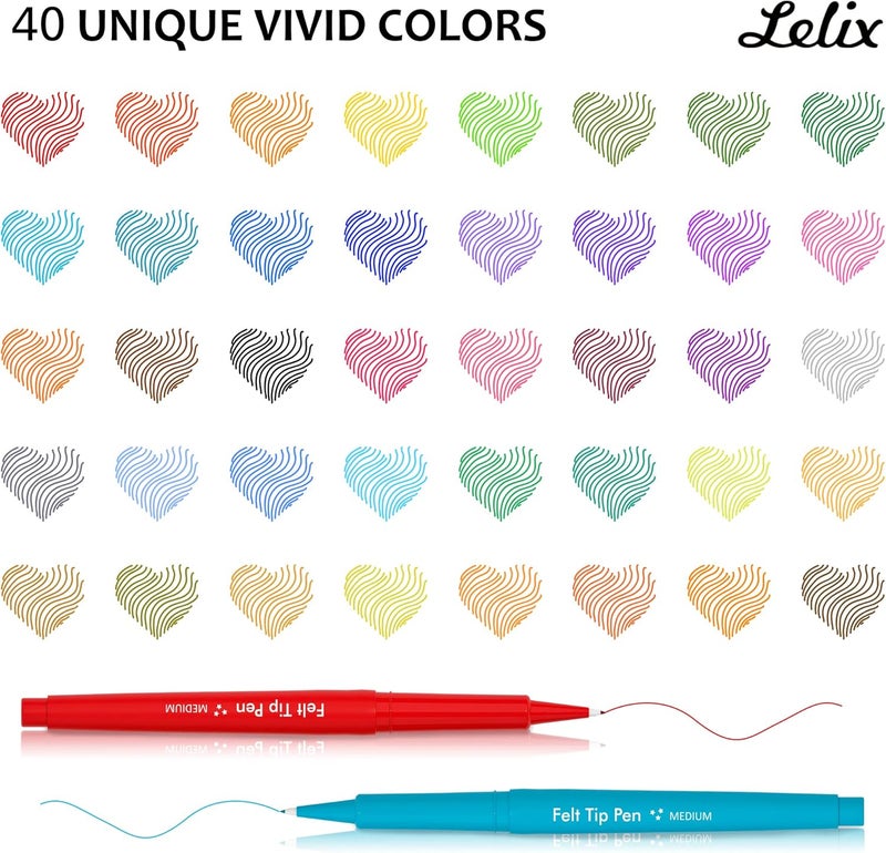 Lelix 40 Colors Felt Tip Pens, Medium Point Felt Pens, Assorted Colors Markers Pens For Journaling, Writing, Note Taking, Planner Coloring, Perfect as Art Office and School Supplies - Image 3
