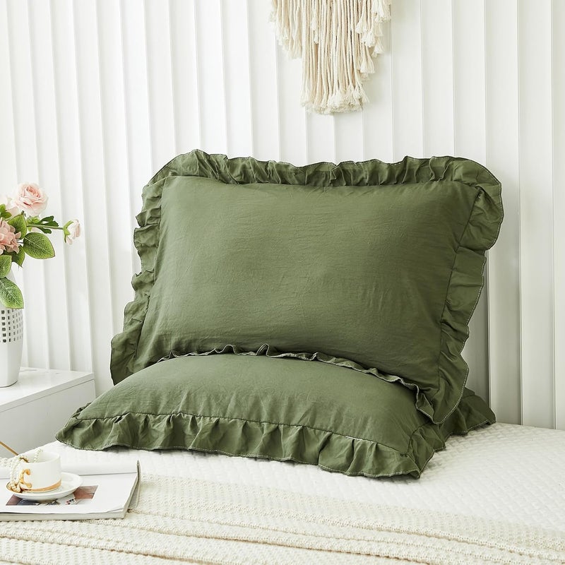 Merryword Olive Green Pillowcases King Pillowcases Ruffled Pillow Shams Set of 2 Cute Pillowcases Solid Ruffled Fringe Design Dark Green Shabby Chic Pillowcases 2 Pack (King (20''x36''), Olive Green) - Image 4