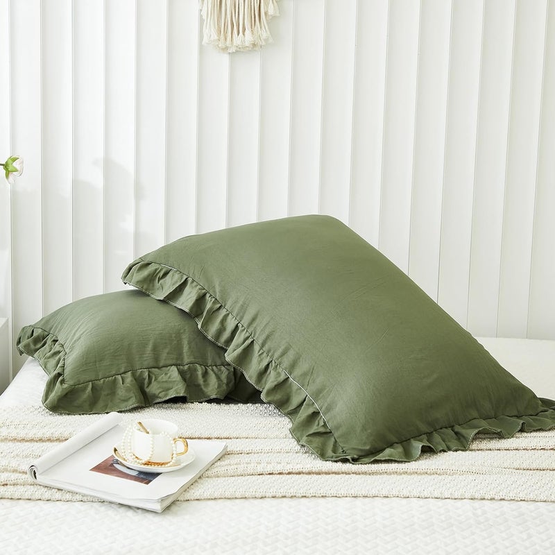 Merryword Olive Green Pillowcases King Pillowcases Ruffled Pillow Shams Set of 2 Cute Pillowcases Solid Ruffled Fringe Design Dark Green Shabby Chic Pillowcases 2 Pack (King (20''x36''), Olive Green) - Image 3