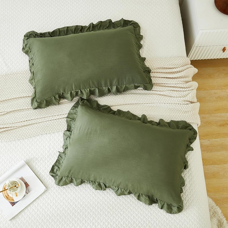 Merryword Olive Green Pillowcases King Pillowcases Ruffled Pillow Shams Set of 2 Cute Pillowcases Solid Ruffled Fringe Design Dark Green Shabby Chic Pillowcases 2 Pack (King (20''x36''), Olive Green) - Image 5