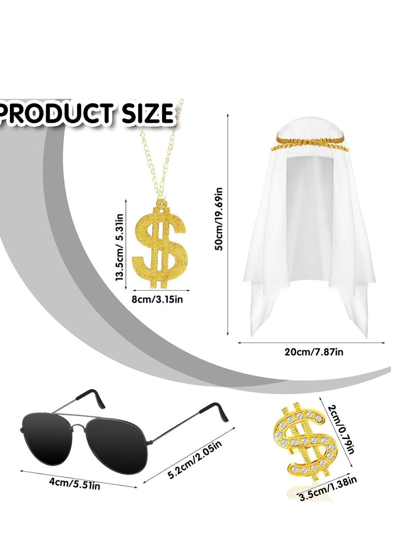 Zikra 4 Pcs Dubai Hat Costume Accessories Halloween Scarf Dollar Sign Money Chain Sunglasses Ring Rapper Turban White Wrap for 80s 90s Men Masquerade Ball Party - Image 4