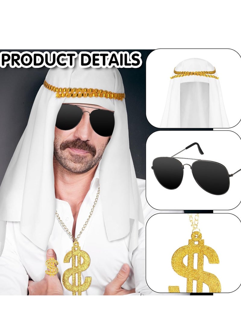 Zikra 4 Pcs Dubai Hat Costume Accessories Halloween Scarf Dollar Sign Money Chain Sunglasses Ring Rapper Turban White Wrap for 80s 90s Men Masquerade Ball Party - Image 2