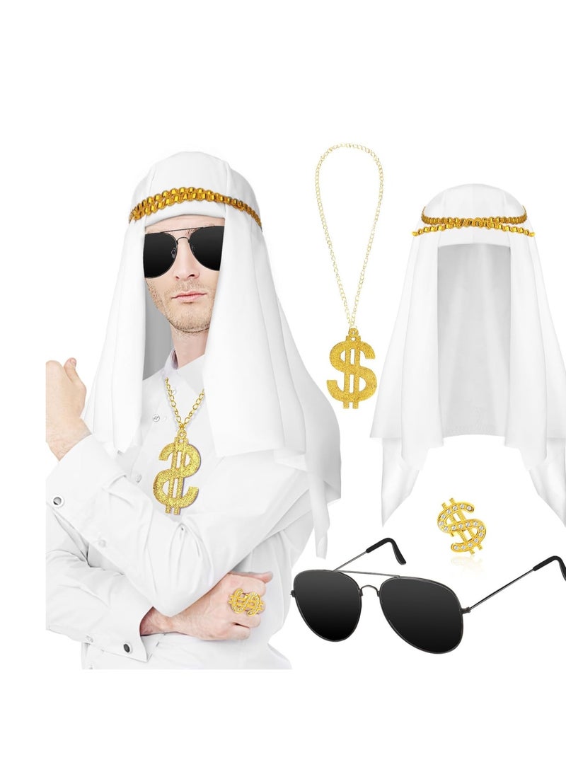 Zikra 4 Pcs Dubai Hat Costume Accessories Halloween Scarf Dollar Sign Money Chain Sunglasses Ring Rapper Turban White Wrap for 80s 90s Men Masquerade Ball Party - Image 1
