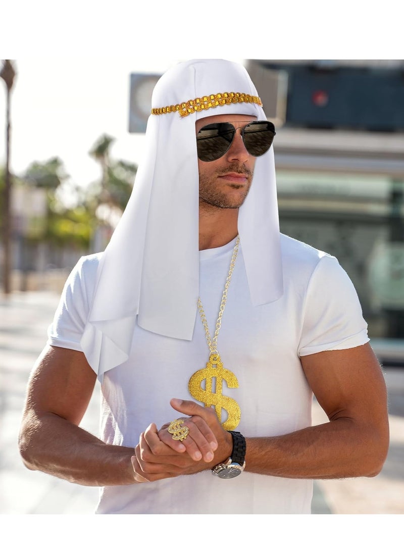 Zikra 4 Pcs Dubai Hat Costume Accessories Halloween Scarf Dollar Sign Money Chain Sunglasses Ring Rapper Turban White Wrap for 80s 90s Men Masquerade Ball Party - Image 5