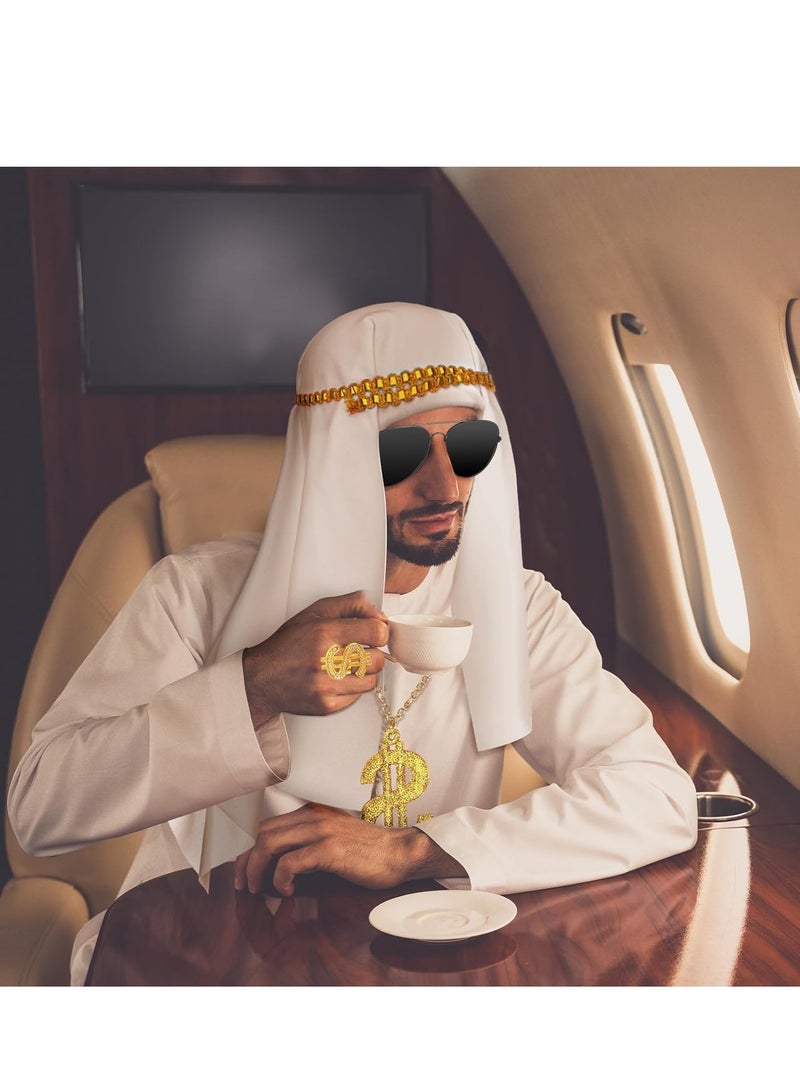Zikra 4 Pcs Dubai Hat Costume Accessories Halloween Scarf Dollar Sign Money Chain Sunglasses Ring Rapper Turban White Wrap for 80s 90s Men Masquerade Ball Party - Image 3