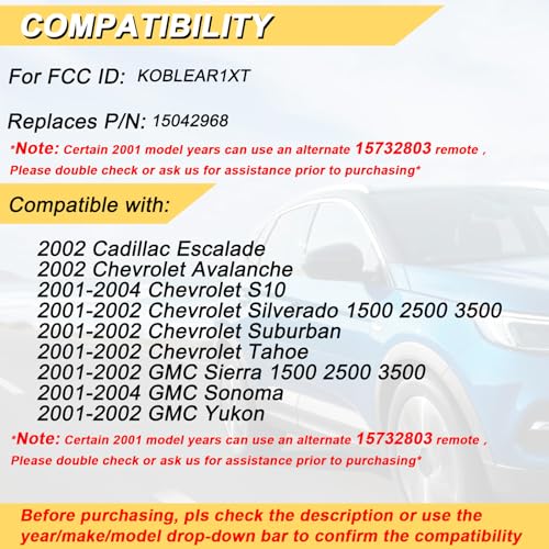 Vurkcy Key Fob Replacement for 2001-2002 Chevy Silverado Suburban Tahoe& GMC Sierra Yukon/ 01-04 S10 Sonoma/ 2002 Avalanche& Escalade Car Keyless Entry Remote Control,KOBLEAR1XT 15042968,3 Btn,2Pcs - Image 2