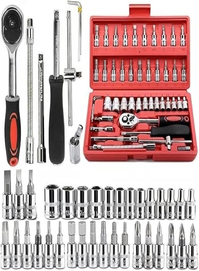 SCIENISH 46 Pcs 1/4 Inch Screwdriver Drive Socket Bit Set Car Repair Tool with Reversible Ratchet Wrench Spinner Handle and Extension Bar Kit-Storage Case Chrome Vanadium Material For Automobile Bike/Bicycle - Image 1