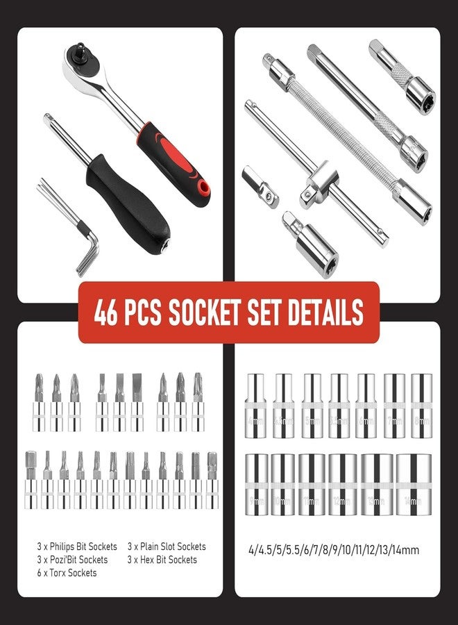 SCIENISH 46 Pcs 1/4 Inch Screwdriver Drive Socket Bit Set Car Repair Tool with Reversible Ratchet Wrench Spinner Handle and Extension Bar Kit-Storage Case Chrome Vanadium Material For Automobile Bike/Bicycle - Image 5