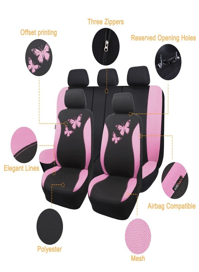 Flying Banner Butterfly car seat Covers ful Set Fashion Universal Lady Woman Female Rear Bench Split Colorized (Pink Black, Full Set) - Image 2