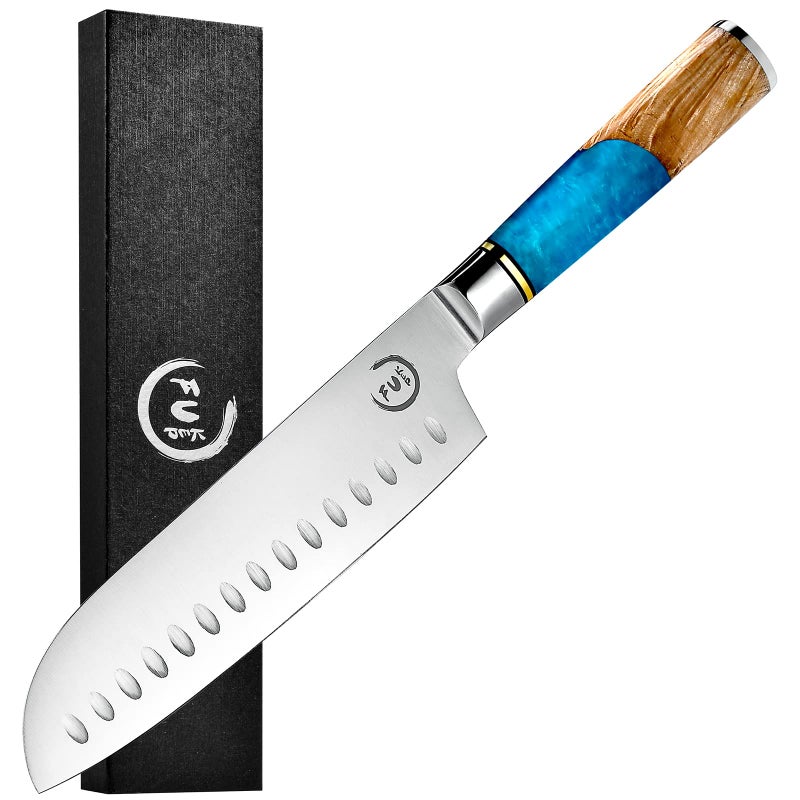 Fukep Santoku Knife Kitchen Knife Ultra Sharp Santoku Knife 7 Inch  High Carbon Stainless Steel  Ergonomic Resin Handle Best Choice for Home Kitchen Chef Knife Blue