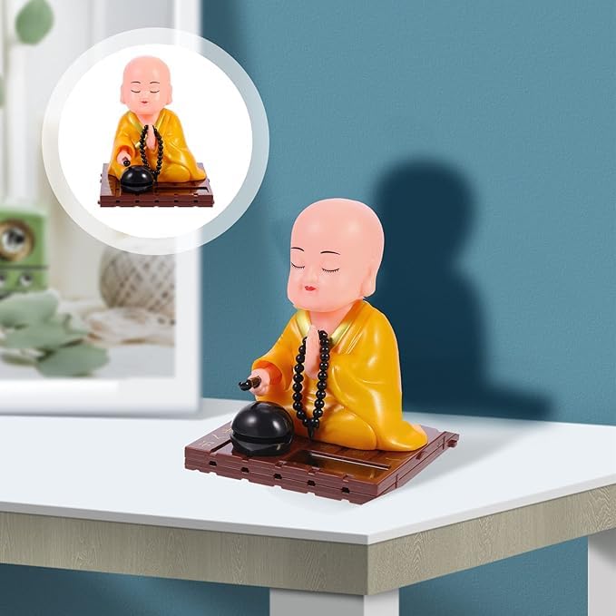 Oblivion Big Solar Powered Sitting Buddha Statue Shaking Head Buddha Monk Statue for Car Dashboard Home Office Desktop Health Wealth Prosperity Peaceful Meditation Ornament 1Pc Yellow - Image 4