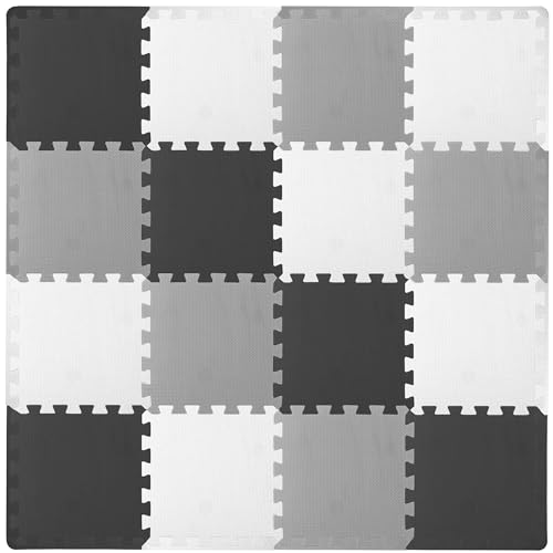 ProSource Foam Puzzle Floor Play Mat for Kids and Babies with Solid Colors 36 or 16 Interlocking Tiles with Borders BlackGreyWhite - Image 1