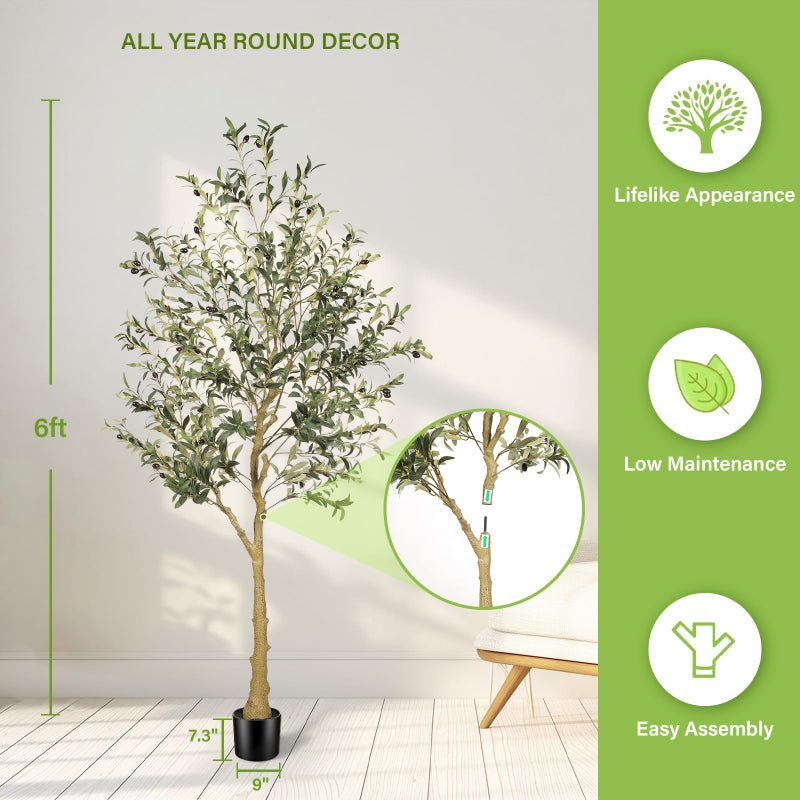 FEELEAD 6ft Faux Olive Tree â€“ Tall Artificial Olive Tree with Natural Trunk, Fake Olive Tree Indoor Decor, Olive Plant Artificial Indoor for Home and Office - Image 3