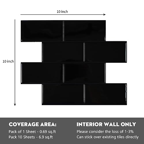 Homeart Black Peel and Stick Backsplash Subway Tile Self Adhesive Wall Tiles Kitchen Backsplash Stick on Tile 10x 10 10 Sheets - Image 3
