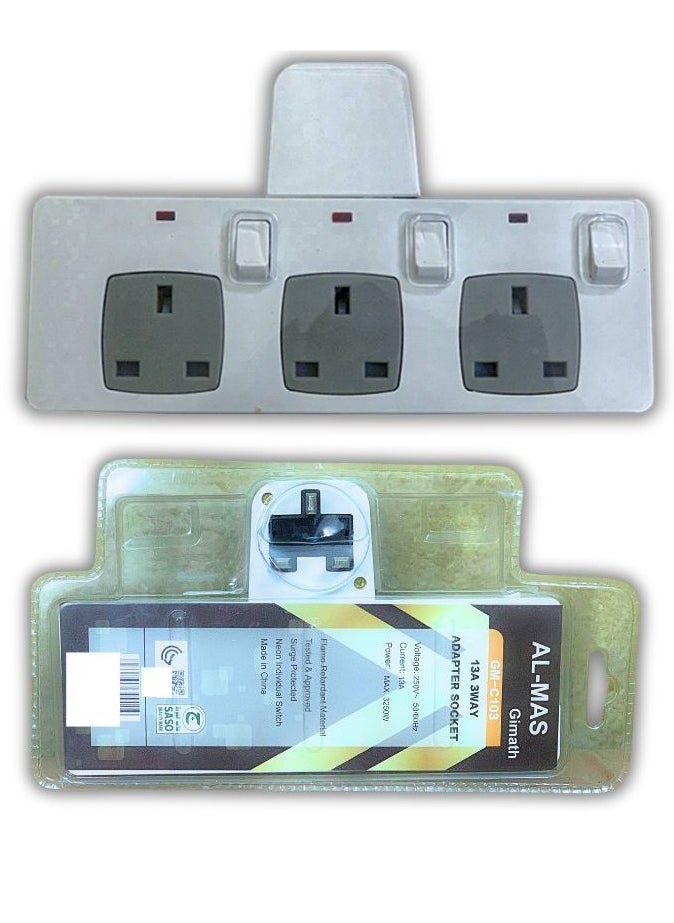 AL MAS - 3250W Heavy-Duty Extension Socket, Multi Plug 3 Way Electrical Outlet Extender, Surge Protection, 13A/250V, Flame Retardant Material, Individual Neon Switches, Durable Power Strip for Multiple Devices, White Color - Image 1