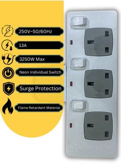 AL MAS 3250W Heavy-Duty Extension Socket, Multi Plug 3 Way Electrical Outlet Extender, Surge Protection, 13A/250V, Flame Retardant Material, Individual Neon Switches, Durable Power Strip for Multiple Devices, White Color  - Image 3