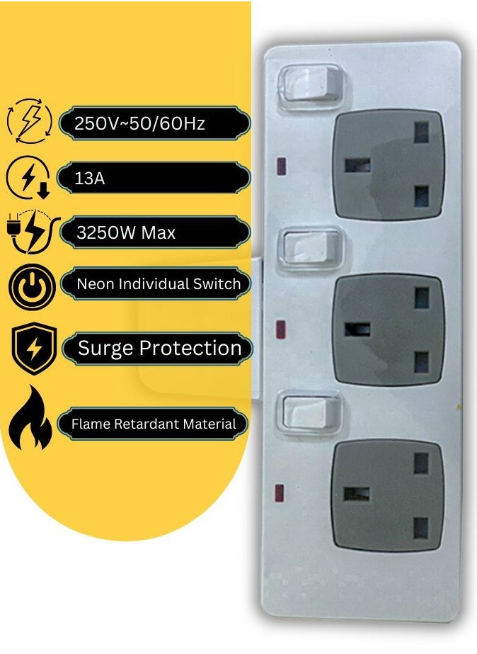 AL MAS - 3250W Heavy-Duty Extension Socket, Multi Plug 3 Way Electrical Outlet Extender, Surge Protection, 13A/250V, Flame Retardant Material, Individual Neon Switches, Durable Power Strip for Multiple Devices, White Color - Image 1