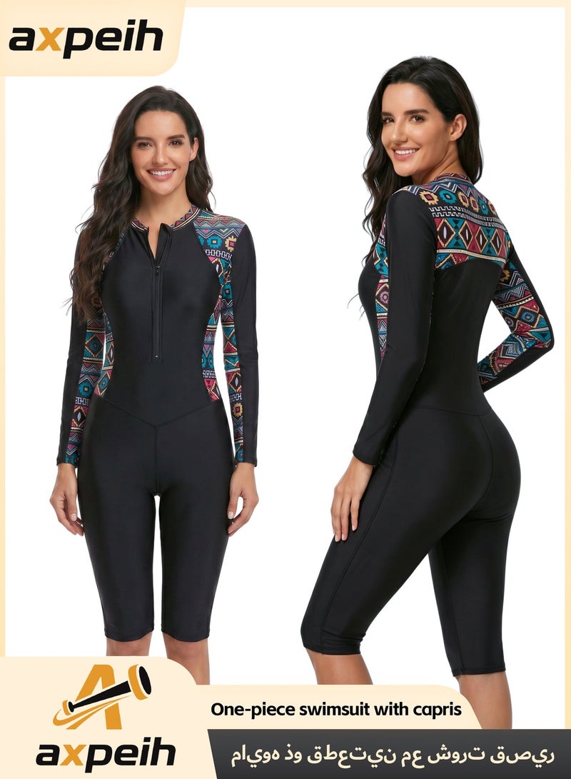 Axpeih Women's One Piece Rash Guard Swimsuit, Long Sleeve Boyleg UV Protection, Tummy Control Zip Front Wetsuit, Modest Bathing Suits for Swimming, Surfing, Diving, and Beach Activities - Image 1