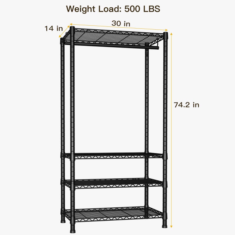 Ulif H2 Heavy Duty Clothes Rack, Freestanding 4 Tiers Garment Rack for Hanging Clothes with Shelves and Hangers, Closet Organizers and Storage Metal Closet Wardrobe System, Max Load 500 LBS, Black - Image 3