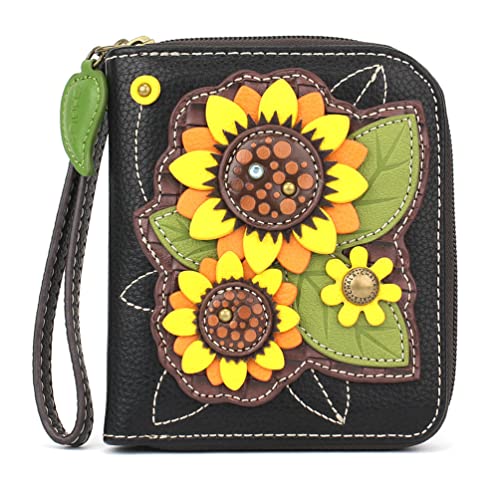 CHALA Zip Around Wallet, Wristlet, 8 Credit Card Slots, Sturdy Pu Leather - Sunflower Group - Black - Image 1