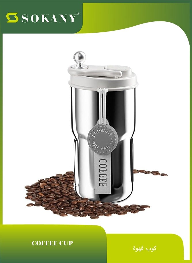 sokany 420ml Insulated Travel Coffee Mug, Stainless Steel Vacuum Coffee Cup Durable Leakproof Tumbler Thermal Mug Easy Grip Portable Insulated Mug Vehicle Mounted Cold Water Retaining Trip Cup Sliver  - Image 1