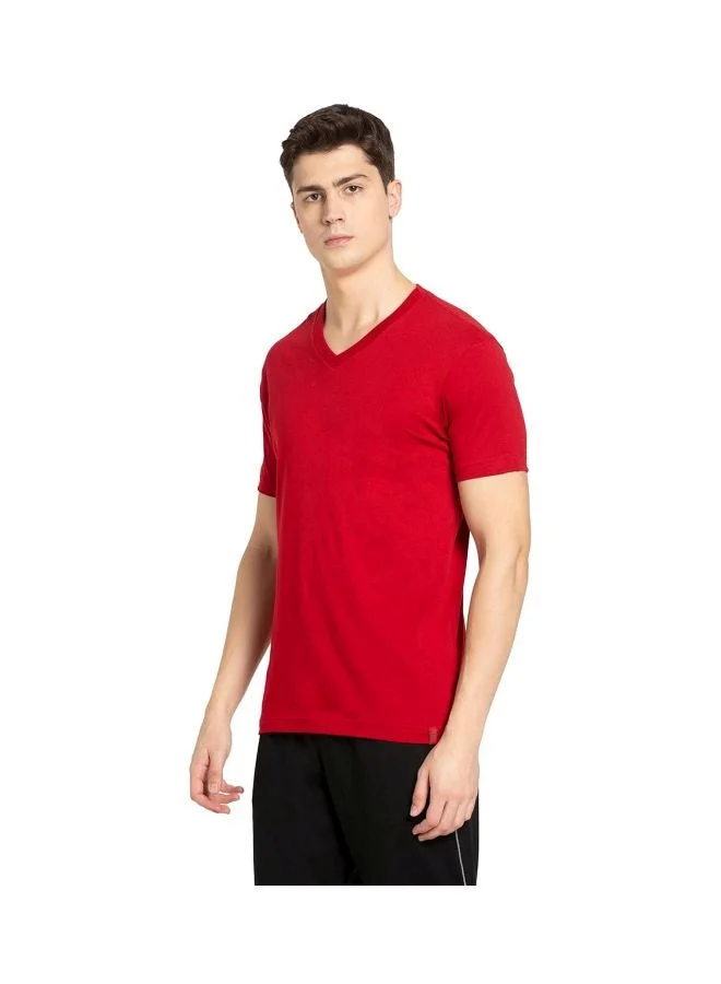 Jockey Shanghai Red 2726 Men Super Combed Cotton Rich Solid V Neck Half Sleeve T Shirt for Men | Best Price UAE