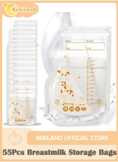 Bebiland 55Pcs Disposable Breastmilk Storage Bags - Dubble Zipper, 250ML Self Standing, Leak-Proof Freezer Pouches  - Image 1