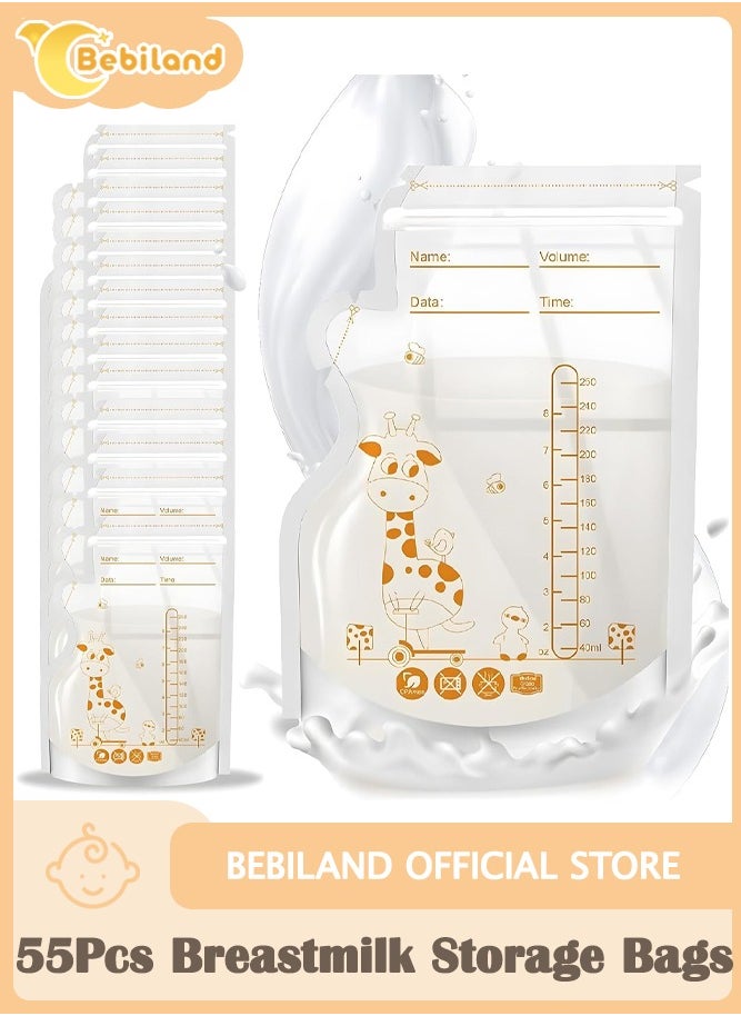 Bebiland - 55Pcs Disposable Breastmilk Storage Bags - Dubble Zipper, 250ML Self Standing, Leak-Proof Freezer Pouches - Image 1